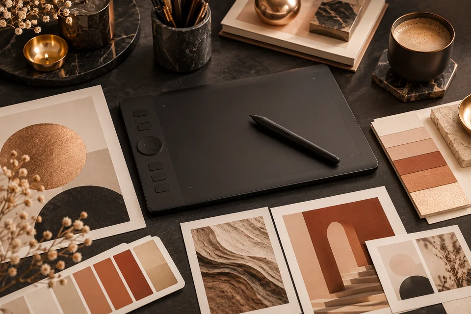 Tableta gráfica y muestras de color para diseño gráfico