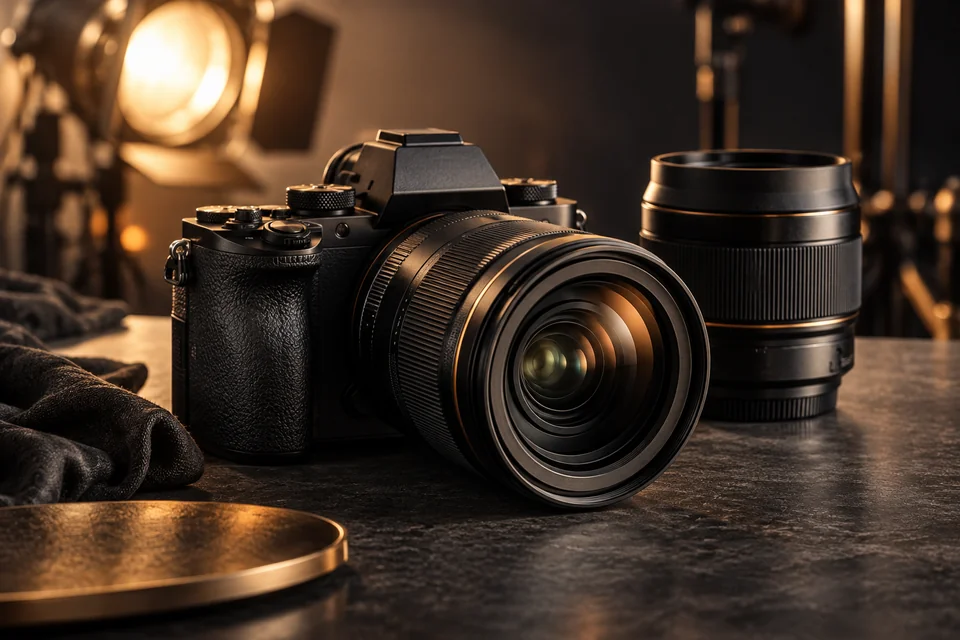 Cámara profesional y objetivos en un estudio fotográfico